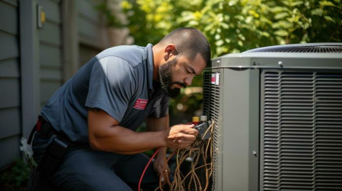 HVAC technician servicing an air conditioning unit 32130037 Stock Photo ...